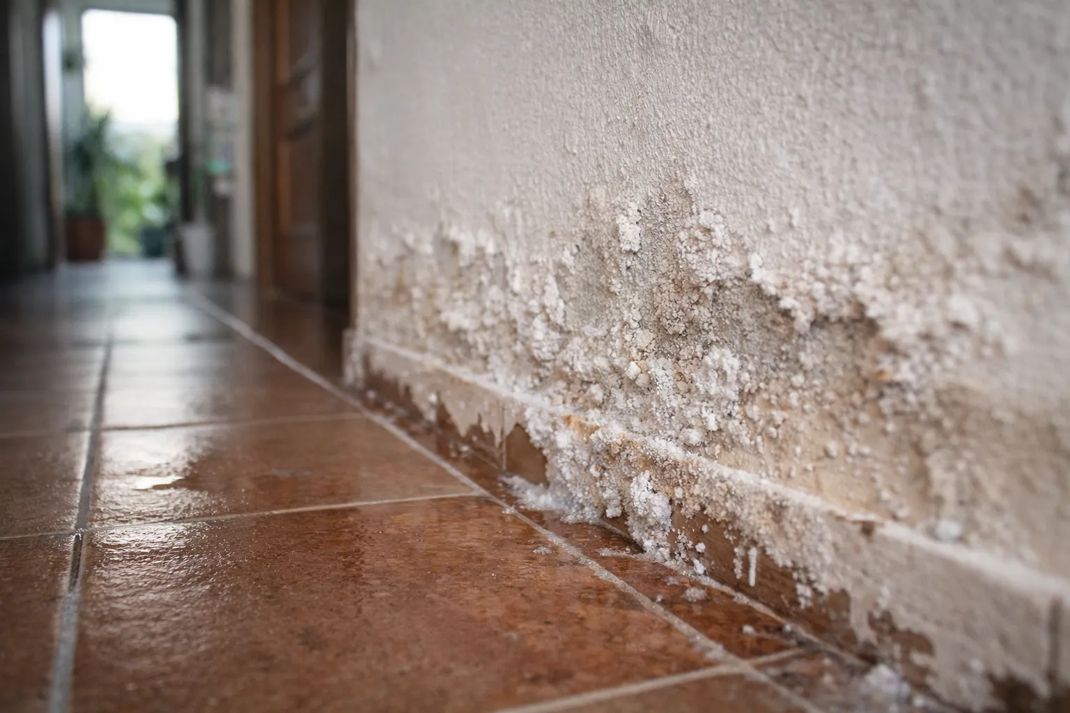 Mur avec traces de remontées capillaires dans une maison au Maroc